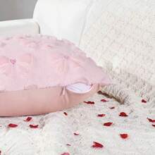 1个粉色蝴蝶结爱心图案毛绒抱枕套，柔软沙发靠垫套，适用于客厅、卧室、沙发、家居装饰 - 淺粉色 - 查看 4