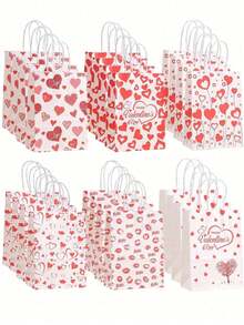 12/6/1 Set Red & White Confession Print Tote Bags, Valentine's Day Heart Gift Bag Set, Made Of Kraft Paper. Valentine's Day Gift Packaging Bags, Romantic Confession Style, Various Heart/Lip/XO Prints, "Happy Valentine's Day" Text, Braided Handle Design, Gift Bag Shape, Gift Packaging - Multicolor - View 1