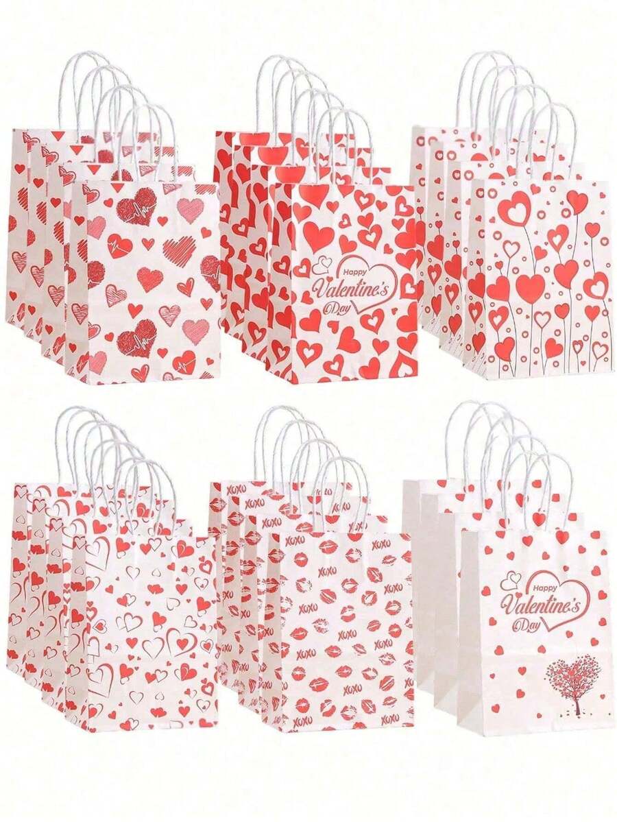 12/6/1 Set Red & White Confession Print Tote Bags, Valentine's Day Heart Gift Bag Set, Made Of Kraft Paper. Valentine's Day Gift Packaging Bags, Romantic Confession Style, Various Heart/Lip/XO Prints, "Happy Valentine's Day" Text, Braided Handle Design, Gift Bag Shape, Gift Packaging - Multicolor - View 1