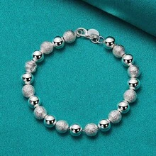Pulsera de cadena con cuentas de 8 mm chapada en plata de ley 925 con acabado liso mate, adecuada para hombres y mujeres, apta para bodas, fiestas y otras ocasiones, accesorio de moda - Plateado - Ver 1