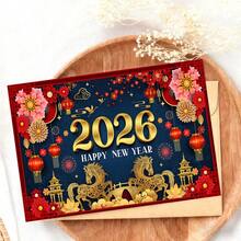 1 Peça Cartões de Ano Novo Feliz com Envelopes, Cartões de Saudação do Ano Novo Chinês Tradicional, Cartões Decorativos de Presente com Tema Dourado e Vermelho do Ano do Cavalo 2026, Adequado para Qualquer Pessoa - Vermelho e Branco - Visão 4
