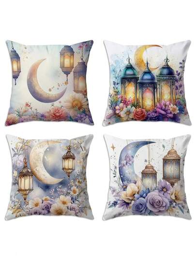 4pcs, Ramadan Festival, Moon, Teapot, Lantern, Star, Teacup Pattern Pillowcase, 17.72 X 17.72 Inches, Comfortable Matching, Practical And Beautiful, Machine Washable, With Zipper, Suitable For Sofa, Car, Bedroom Decoration, No Pillow Core