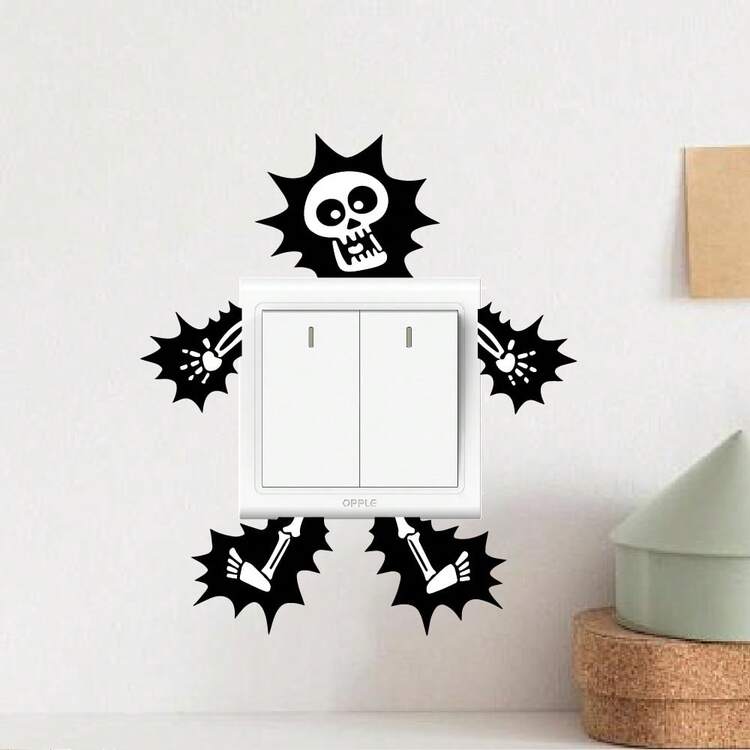 3pcs Removable Waterproof Electric Skull Wall Stickers - Designed With Skulls And Lightning, Suitable For Decorating Living Room, Bedroom And Switches, Bedroom Wall Art | Modern Wall Decor | Easy To Install Stickers, Skull Decor - Black - View 4
