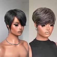 Short Elf Wig, Human Hair, Black And White, Suitable For Short Wig, Suitable For #34 Layered Black And White Mixed Color Wig, Suitable For White Women Layered Bangs Wig Gray Human Hair Wig, Suitable For Everyday Wear - Multicolor - View 3