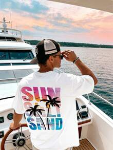 新款男士字母和棕榈树印花沙滩度假风短袖T恤 - 白色 - 查看 1