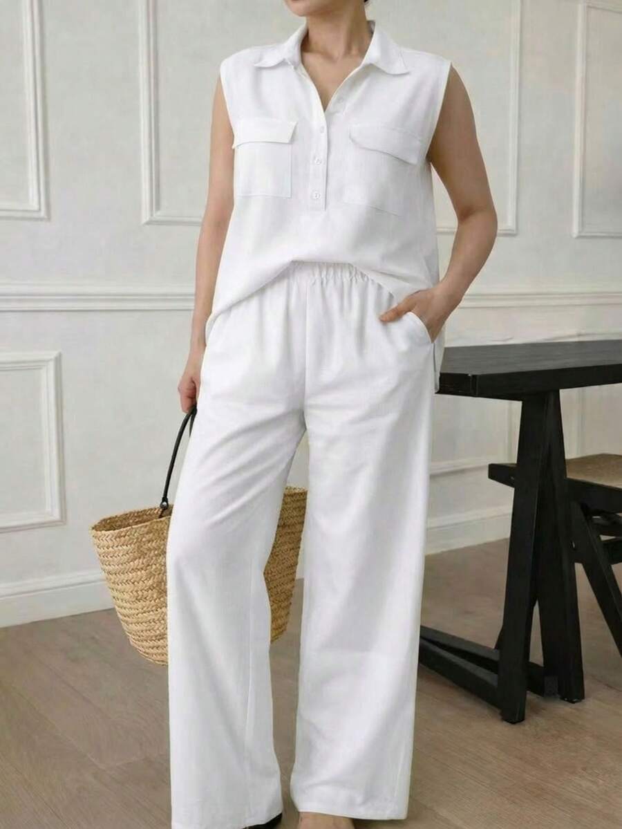 A&DD MODA, REF: AS1923 - Women's Set Consisting Of A Sleeveless Blouse And Pants. The Blouse Has A High V-Neck And Pockets; The Pants Have A Straight Cut, Elastic Waistband And Pockets, Ideal For Everyday Wear, With A Very Casual Style. - 白色 - 查看 1