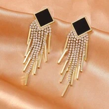 1 Pair Crystal Embellished Long Tassel Earrings, Paired With Delicate Accessory Earrings - Gold - View 4
