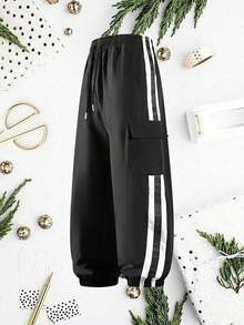 男士休闲抽绳腰带裤，侧边口袋，独特条纹设计，适合跑步、篮球、健身等运动，四季皆宜 - 黑色 - 查看 2