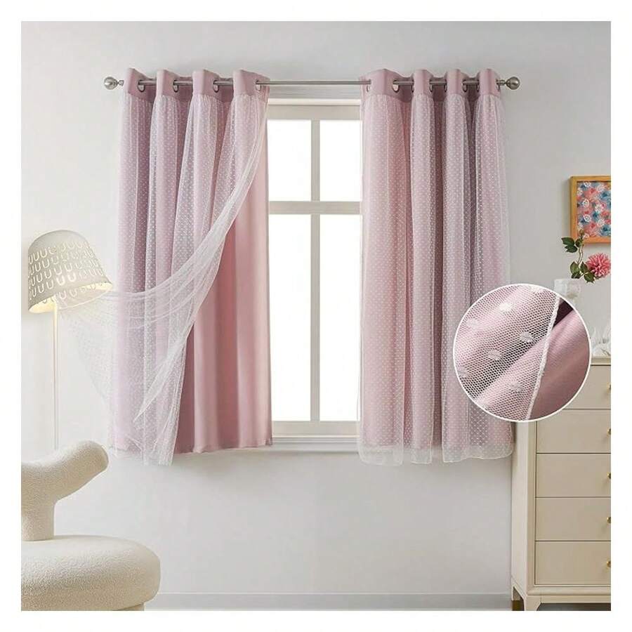 Pink Curtains For Bedroom, 54 Inch Blackout Cute Short Curtains, Polka Dot Sheer, Grommet Top, 2 Panels - Window Treatments - 如圖29 - 查看 1