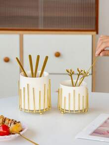 1pc Metal & Ceramic Combination Storage Box, Multi-Color, Minimalist Modern Nordic Style Storage Canister, Suitable For Halloween, Christmas, Kitchen Tabletop - Gold - View 8