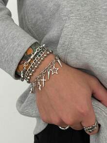 5 件朋克十字架手链套装，男士个性化嘻哈金属配饰，适合日常佩戴、派对和节日礼物 - 5pcs - 查看 3