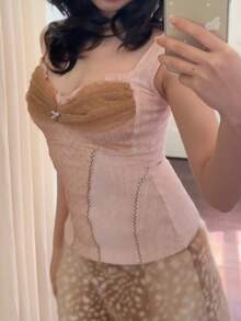 Women Y2k Summer Crop Tank Tops Lace Patchwork Sweetheart Neck Sleeveless Vest Tops Vintage Slim Fit Shirts For Teen Girls Fairy Grunge Aesthetic Knit Ribbed Coquette Clothes Harajuku 2000s Streetwear - 粉色 - 查看 7