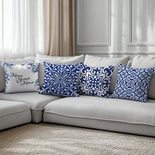 Bộ 6 vỏ gối trang trí đơn giản màu xanh trắng bằng sứ, họa tiết hình học hoa văn cổ điển châu Âu "Ngôi nhà thân yêu", in một mặt, chất liệu nhung màu đào, kích thước 45*45/50*50/40*40CM, thích hợp cho ghế sofa vải hiện đại, trang trí nội thất, trang trí tiệc, làm quà tặng. - 6pc-Xanh dương - Xem 9