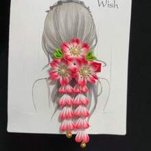 1pcs Vintage Floral Tassel Hair Clip - Elegant Pink & White Flower Design, Soft Polyester & Spandex, Secure Clip For Updos, Buns, Ponytails - Chic Retro Hair Accessory For Women - 粉色 - 查看 3