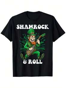 Clover And Scroll Fun Guitar Musician St. Patrick's Day T-Shirt Men's Fashion Letter Print Regular Fit T-Shirt - 180g Fabric Weight Cotton S-XXXL, Crew Neck Casual St. Patrick's Day Top - Black - View 1