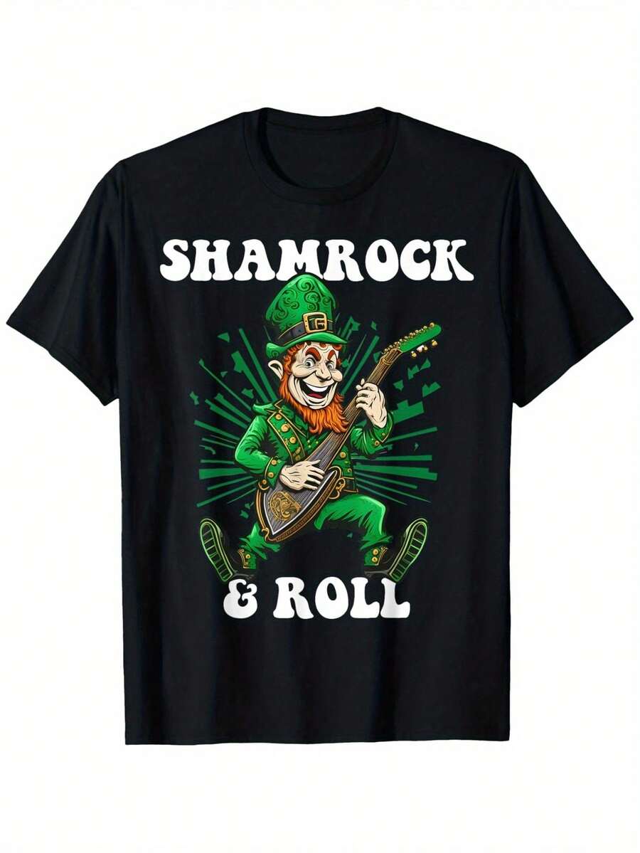 Clover And Scroll Fun Guitar Musician St. Patrick's Day T-Shirt Men's Fashion Letter Print Regular Fit T-Shirt - 180g Fabric Weight Cotton S-XXXL, Crew Neck Casual St. Patrick's Day Top - Black - View 1