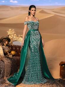 Faeriesty Vestido de sirena con hombros descubiertos y cuentas para mujer, con bordado de lentejuelas plateadas intrincado, cintura acentuada con cinturón ancho y diseño de abertura alta, adecuado para eventos de gala, cenas formales, bodas de lujo en la playa y ocasiones de alfombra roja. - Verde Oscuro - Ver 5