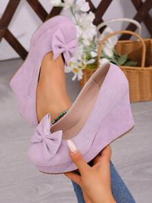 Women's Spring New Suede Bow Tie Wedge Mary Jane Shoes, Platform Thick Bottom Fashionable Versatile Shoes - Taro Purple - View 5