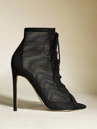 Fall/Winter 2025 Suedette Stiletto Heeled Lace-Up Front Sandal Boots, Ladies' Fashionable Black Plain Sandal Boots,Party Outfits