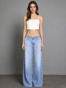 Ladies' Slim Fit Wide Leg Jeans (Light Blue - High Waist Loose Straight Leg), Versatile For Daily Wear, Suitable For Family, Leisure, And Outdoor Activities, Suitable For Slimming Cuts From Teenagers To Adults, Simple Minimalist Design, Comfortable Full-Length Denim Pants.PLEASE ORDER ONE SIZE UP. - 淺藍 - 查看 3