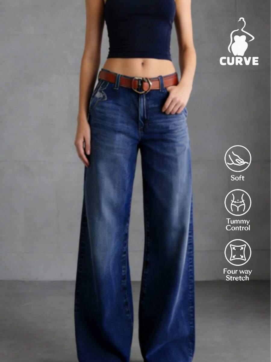 Ladies' Slim Fit Wide Leg Jeans (Dark Blue - High Waist Loose Straight Leg), Versatile For Daily Wear, Suitable For Family, Leisure, And Outdoor Activities, Suitable For Slimming Cuts From Teenagers To Adults, Simple Minimalist Design, Comfortable Full-Length Denim Pants.PLEASE ORDER ONE SIZE UP. - 深藍 - 查看 1