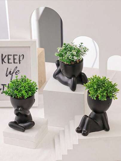 1/3pcs Realistic Succulent Plants, Mini Humanoid Succulent Potted Plants, 3 Styles Available, Black Cartoon Vase Shape, PP/PE Material, Green, Desktop Decor, Home Decor, Garden Decor, School/Valentine's Day Gift, Dorm/Office Decor
