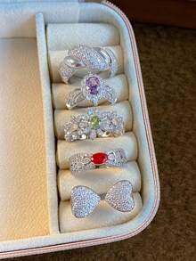 5件套奢华几何心形和花朵设计锆石镶嵌铜戒指套装,适合女士婚礼、节日、派对、搭配晚礼服(不含礼盒) - 銀色 - 查看 13