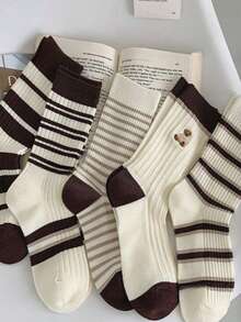 5 Pairs Brown Striped Socks, Mid-Calf Socks For Women, Autumn/Winter - Brown - View 5