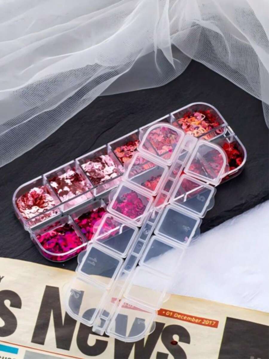 12-Compartment Box Valentine's Heart & Lip Shaped Nail Glitter Sequins Nail Art Decorations