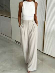 Pantalones anchos casuales para mujer, pantalones sueltos de unicolor con diseño de cinturón único, adecuados para la oficina y el uso diario en primavera - Albaricoque - Ver 2