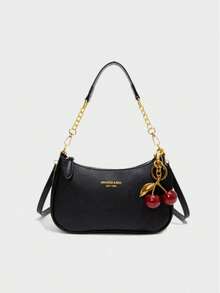 1pc Women's Solid Color PU Shoulder Bag, Versatile Underarm Bag For Work Commute, Adjustable Strap Crossbody Bag, Comes With Large Cherry Pendant, New Fashion Classic Versatile PU Waterproof Fabric M Letter Pattern Shoulder Bag, Printed Design Metal Chain Decoration Design French Baguette Bag, Women's Shoulder Bag Suitable For Shopping. Commuting, Travel Use - 黑色 - 查看 1