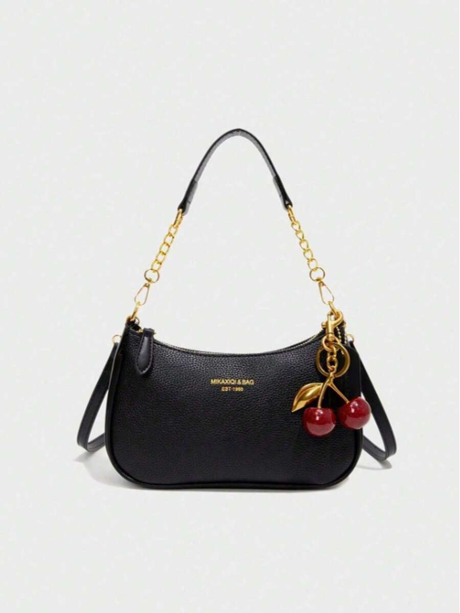 1pc Women's Solid Color PU Shoulder Bag, Versatile Underarm Bag For Work Commute, Adjustable Strap Crossbody Bag, Comes With Large Cherry Pendant, New Fashion Classic Versatile PU Waterproof Fabric M Letter Pattern Shoulder Bag, Printed Design Metal Chain Decoration Design French Baguette Bag, Women's Shoulder Bag Suitable For Shopping. Commuting, Travel Use - 黑色 - 查看 1