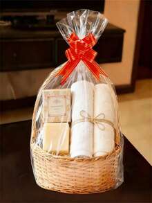 10/20pcs Valentine's Day Gift Baskets, With Glass Paper Bags And Ribbon Bow, Red Plastic Basket, Suitable For Wedding, Mother's Day, Easter Party Decoration, Exquisite Packaging