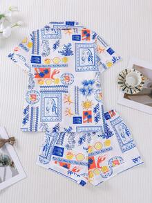 2件套白色底，饰有太阳、月亮、贝壳、水果、虾图案和条纹海马印花的女士睡衣套装，舒适的短袖翻领纽扣衬衫和松紧腰短裤，时尚百搭，适合户外、室内和四季穿着。 - 白色 - 查看 2