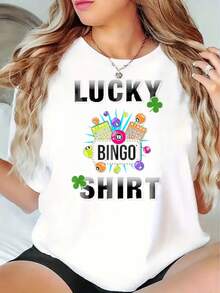 Lucky Bingo Shirt Women Casual T-Shirt With Clover And Bingo Balls Design Fun And Playful Graphic Tee For Bingo Lovers St Patrick's Day Gift IdeaParty Dress Up 220g - 黑色 - 查看 1