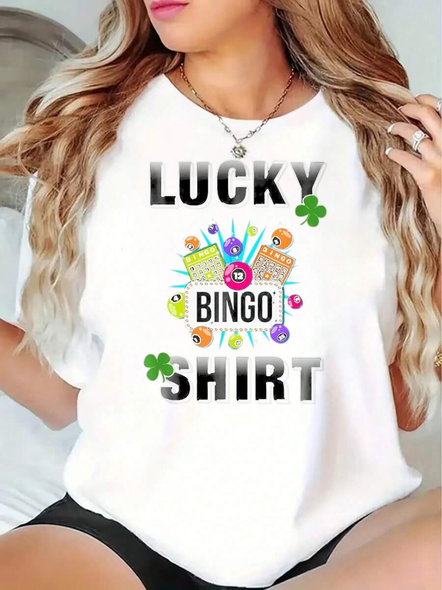 Lucky Bingo Shirt Women Casual T-Shirt With Clover And Bingo Balls Design Fun And Playful Graphic Tee For Bingo Lovers St Patrick's Day Gift IdeaParty Dress Up 220g - 黑色 - 查看 1