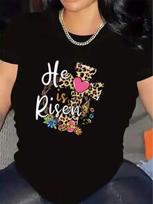 Camiseta Cristiana de Mujer Él ha resucitado - Blanca y Negra de Manga Corta con Diseño de Cruz Floral y Estampado de Leopardo, Ropa de Iglesia de Poliéster Ligero, Camiseta de Cuello Redondo Duradera y Cómoda para Celebraciones de Primavera - Blanco - Ver 6
