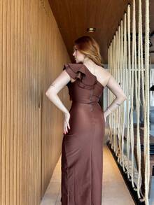 Thaisa Thick Knit Midi Dress - Rust Brown - View 7