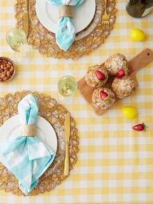 Mantel de poliéster a cuadros | Patrón a cuadros amarillo y blanco | Tejido, con flecos | Adecuado para la decoración del Día de Acción de Gracias y la comida diaria, decoración de restaurantes | Detalle de flecos | Mantel de poliéster - Amarillo - Ver 6