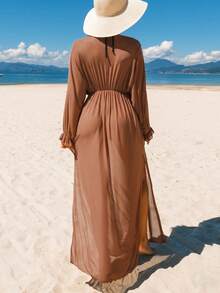 摩卡棕色纯色长款罩衫，女士腰部褶皱长袖荷叶边袖口深V领优雅沙滩罩衫 - 摩卡棕 - 查看 5