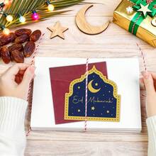 1pc Eid Mubarak Greeting Card With Envelope, Unique Shape Design, Decorated With Blue & Gold Crescent Moon Pattern, Eid Party Favor, Eid Decoration And Celebration, Ramadan Kareem Card, Islamic Holiday Gift, Ramadan Festival Celebration - Navy Blue - View 3