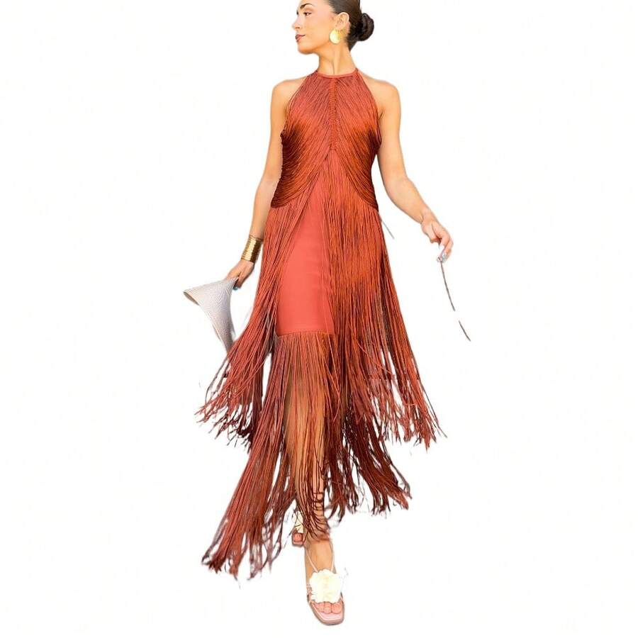 Party Party Temperament Neck Fringed Long Dress Dress Dress - màu đỏ gạch - Xem 1