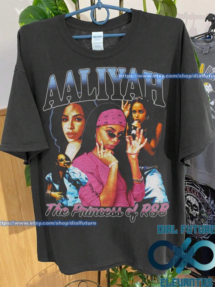 A Aliyah Vintage Vintage Bootleg T-Shirt, A Aliyah Homage Graphic Unisex Sweatshirt ,Actress Sweatshir - 黑色 - 查看 1