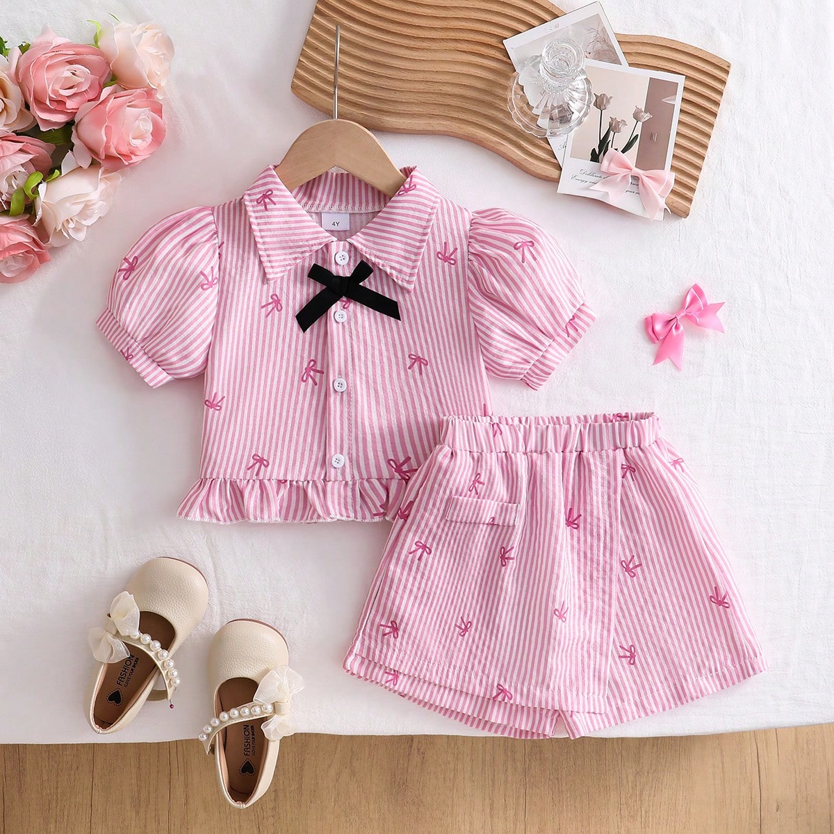 Piezas Conjunto informal para niña, blusa con moño y falda-pantalón