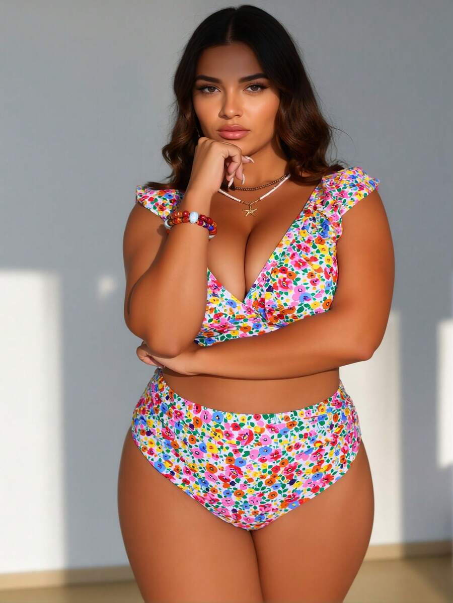 Spring/Summer New Arrival/ Plus-Size Women Seeking Fashion And Comfort Two-Piece Bikini Swimsuit: V-Neck Crop Top With Ruffled Sleeves + High-Waisted Bikini Bottoms Floral Two-Piece Swimsuit Beach Vacation - Nhiều màu - Xem 1