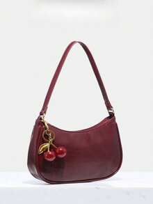Novachic, Women's Fall Outfits, Floral Patterned Fabric, Cute Pendant Decor, Cherry Pendant, Women's Minimalist Shoulder Bag, Zipper Closure, Retro Style, Underarm Bag, Suitable For Multiple Occasions, Small Bags - 酒紅色 - 查看 2