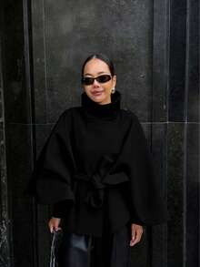 Women's Elegant Solid Color Stand Collar Belted Short Cape Jacket, Solid Color Belt, Front Button Closure, Suitable For Daily Wear - Black and White - View 4