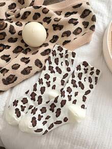 5 Pairs Women's Fashion Leopard Print Angora Blend Ankle Socks, Red And Burgundy Tones, Christmas Gift - Brown - View 3