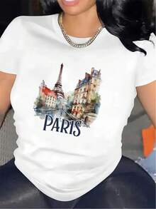 Camiseta de mujer con diseño de viaje a París - Camisa ligera con Torre Eiffel y texto de París - Diseño retro de París en negro y blanco - Ropa casual de mujer - Regalo perfecto para entusiastas de los viajes - Ajuste cómodo para todo el año, Camiseta de París, Camisa de ajuste cómodo, Material con estiramiento medio, Material transpirable, Parte superior de cuello redondo, Entusiasta de la moda - Blanco - Ver 11