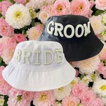 Faux Pearl Bridal White Bucket Hat, Summer Beach, Pool, Wedding, Engagement, Bachelorette Party, Weekend Bride Gift - White - View 4